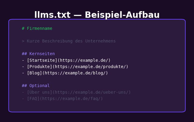 llms.txt Beispiel-Aufbau: Titel, Beschreibung, wichtige Seiten mit Links und Kurzbeschreibungen