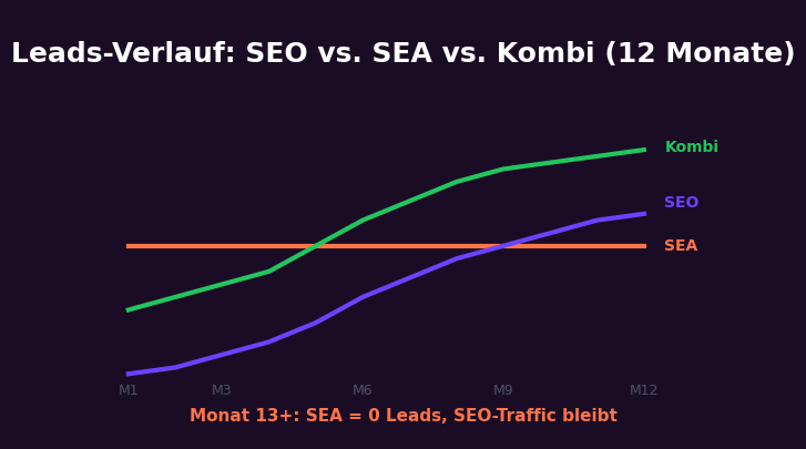 ROI-Verlauf über 12 Monate: SEA liefert sofort, stagniert. SEO startet langsam, überholt SEA ab Monat 7. Kombination bringt die meisten Leads.