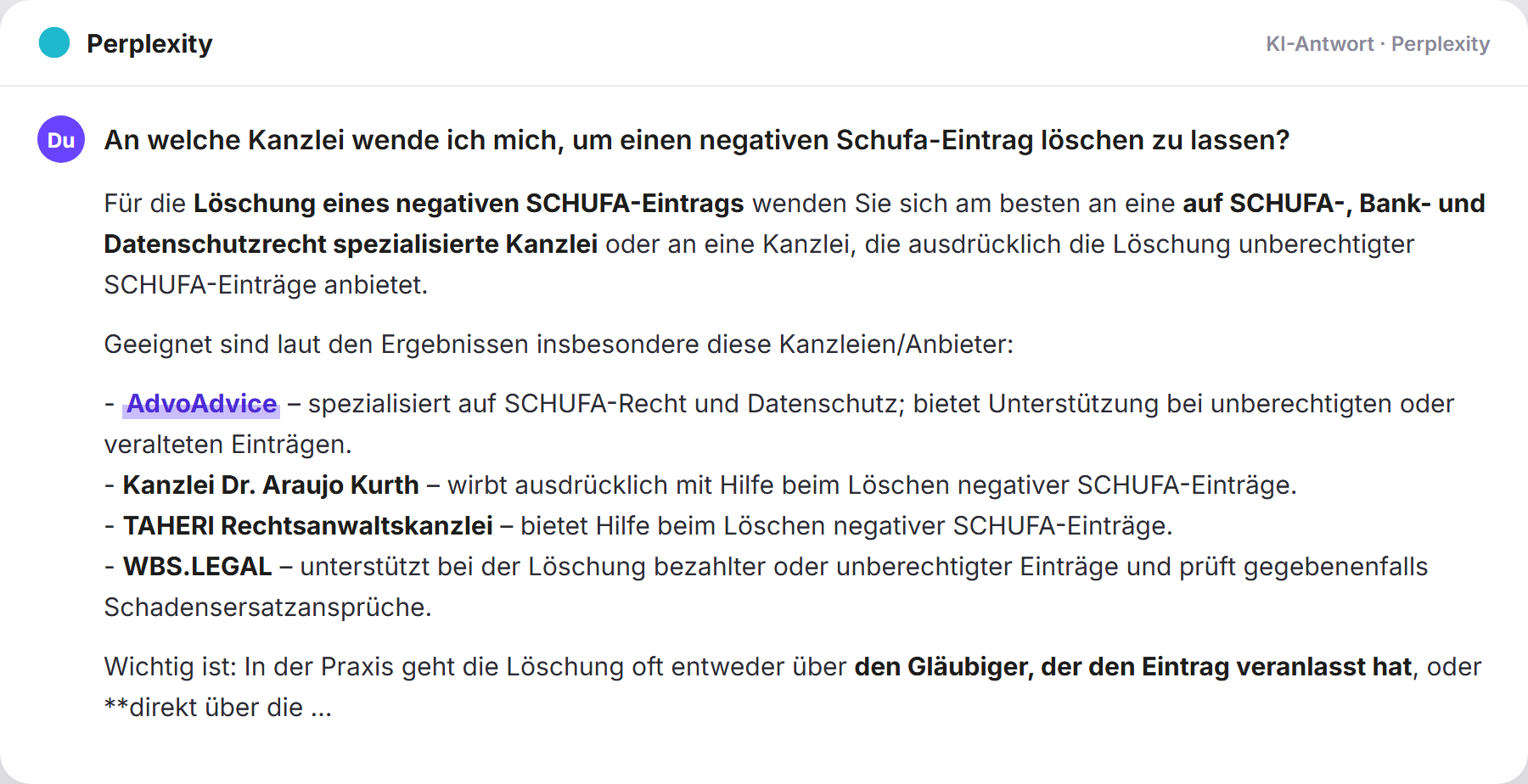 Perplexity nennt AdvoAdvice: „An welche Kanzlei wende ich mich, um einen negativen Schuf…