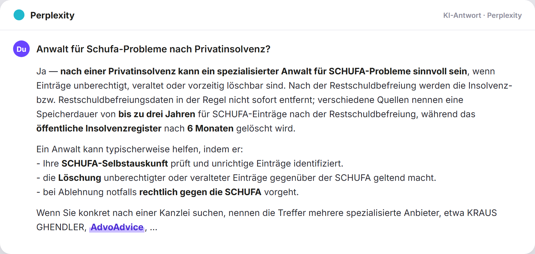 Perplexity nennt AdvoAdvice: „Anwalt für Schufa-Probleme nach Privatinsolvenz?…