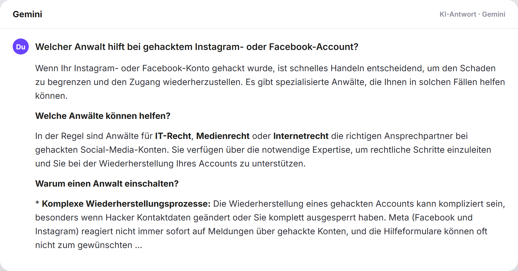 Gemini nennt AdvoAdvice: „Welcher Anwalt hilft bei gehacktem Instagram- oder Faceboo…