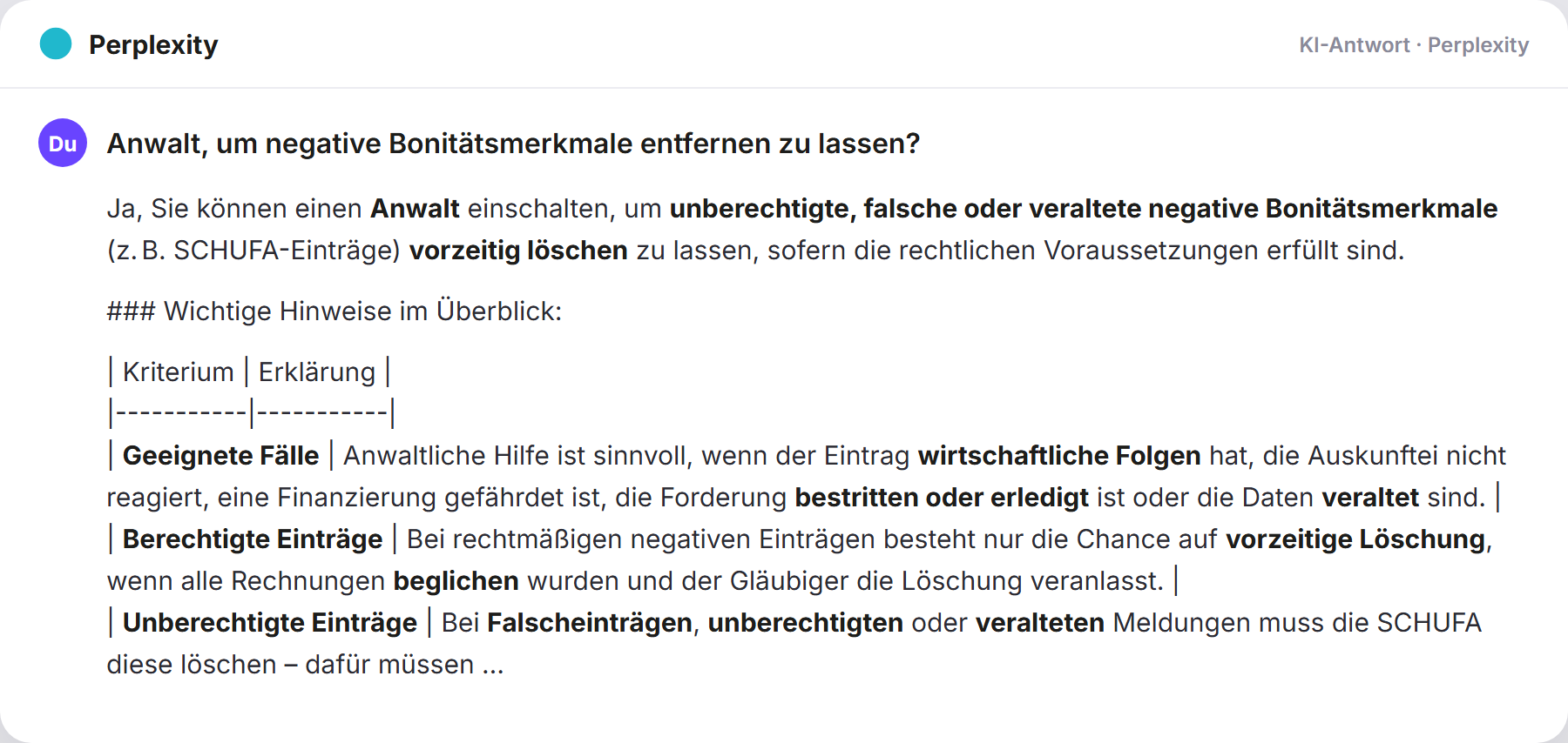 Perplexity nennt AdvoAdvice: „Anwalt, um negative Bonitätsmerkmale entfernen zu lassen?…