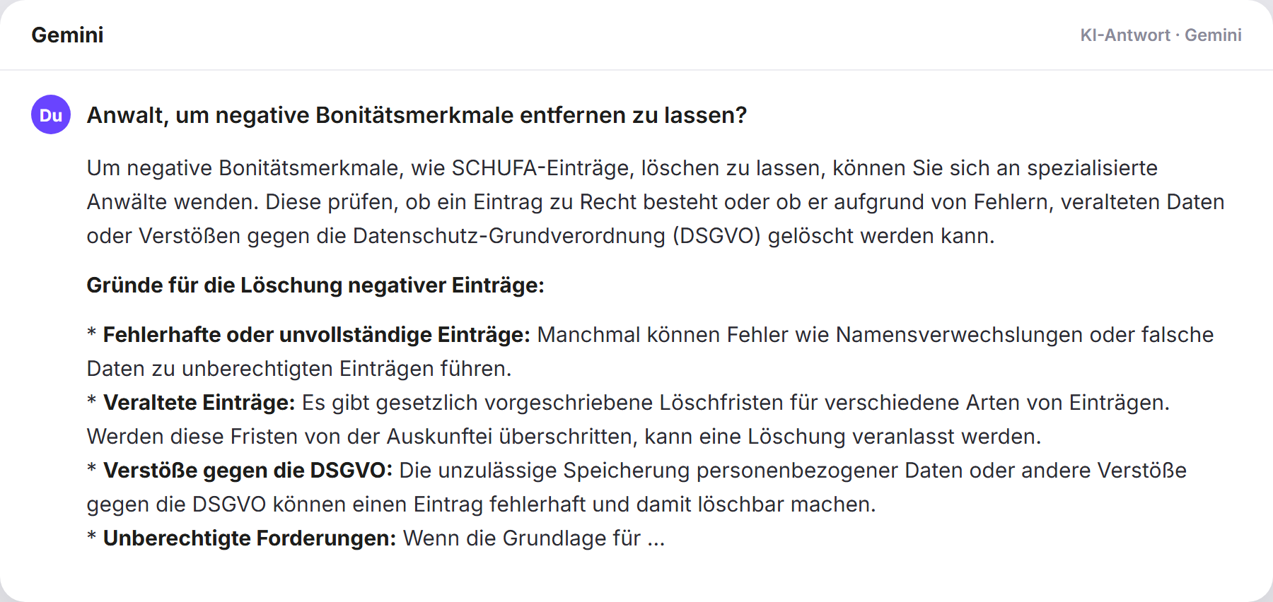 Gemini nennt AdvoAdvice: „Anwalt, um negative Bonitätsmerkmale entfernen zu lassen?…
