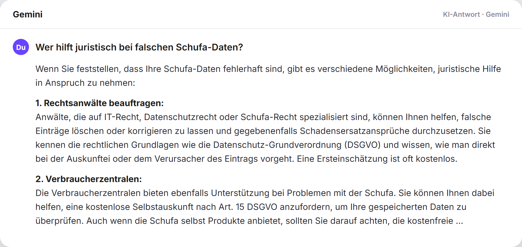 Gemini nennt AdvoAdvice: „Wer hilft juristisch bei falschen Schufa-Daten?…