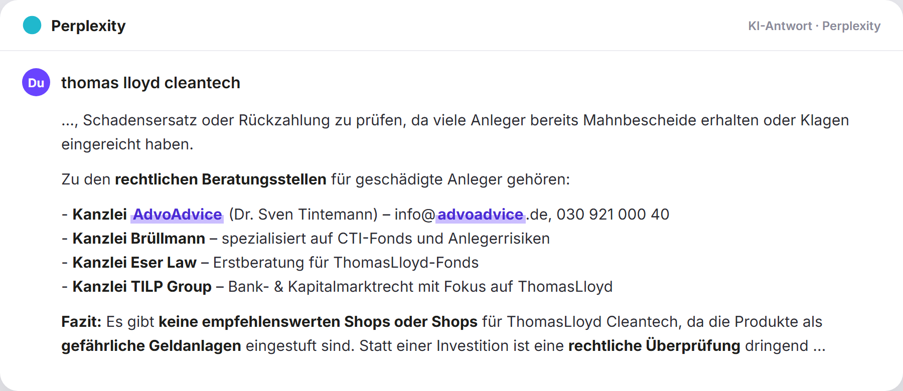 Perplexity nennt AdvoAdvice: „thomas lloyd cleantech…