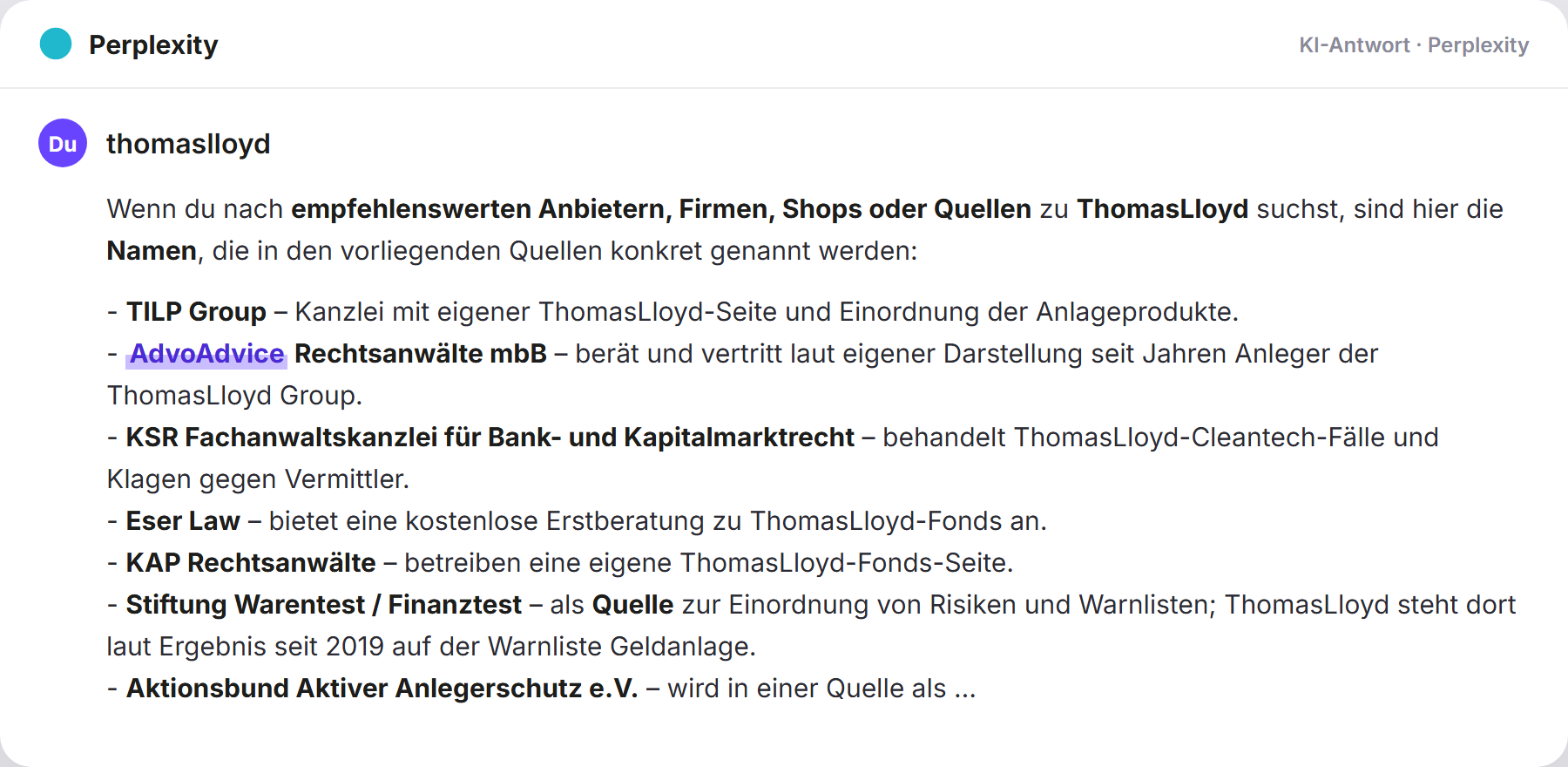 Perplexity nennt AdvoAdvice: „thomaslloyd…