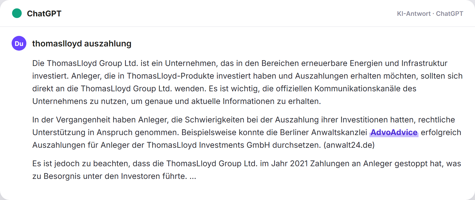 ChatGPT nennt AdvoAdvice: „thomaslloyd auszahlung…