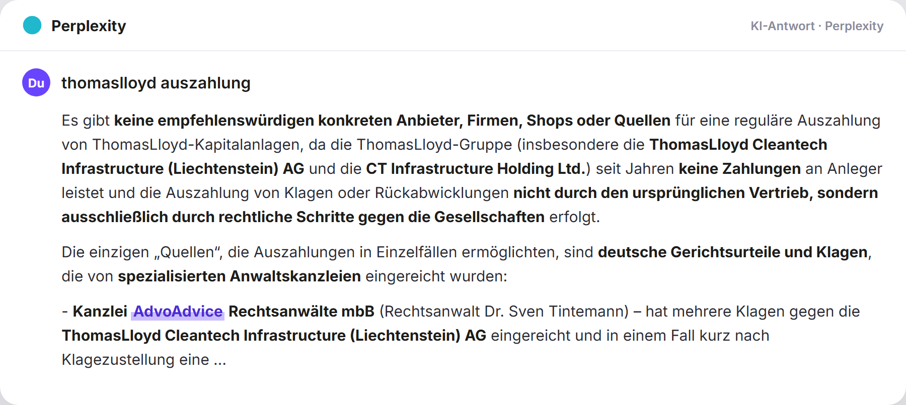 Perplexity nennt AdvoAdvice: „thomaslloyd auszahlung…