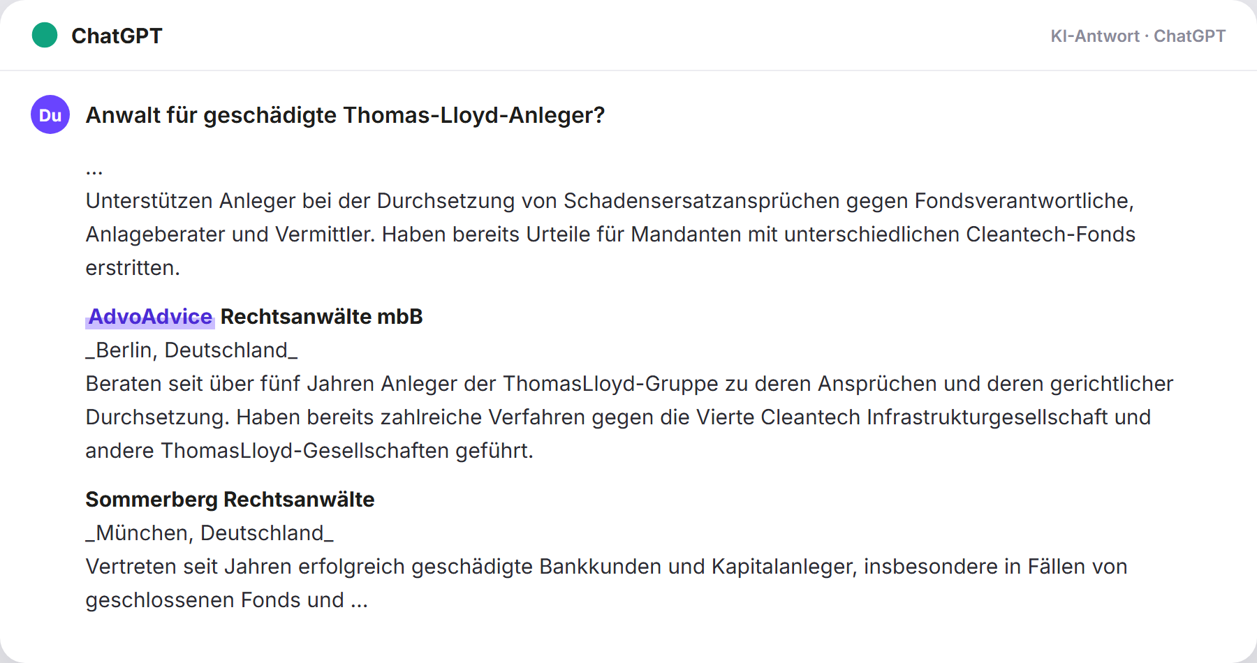 ChatGPT nennt AdvoAdvice: „Anwalt für geschädigte Thomas-Lloyd-Anleger?…