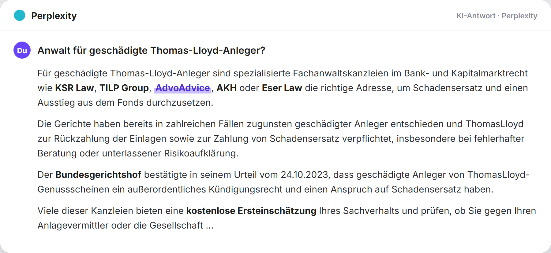 Perplexity nennt AdvoAdvice: „Anwalt für geschädigte Thomas-Lloyd-Anleger?…