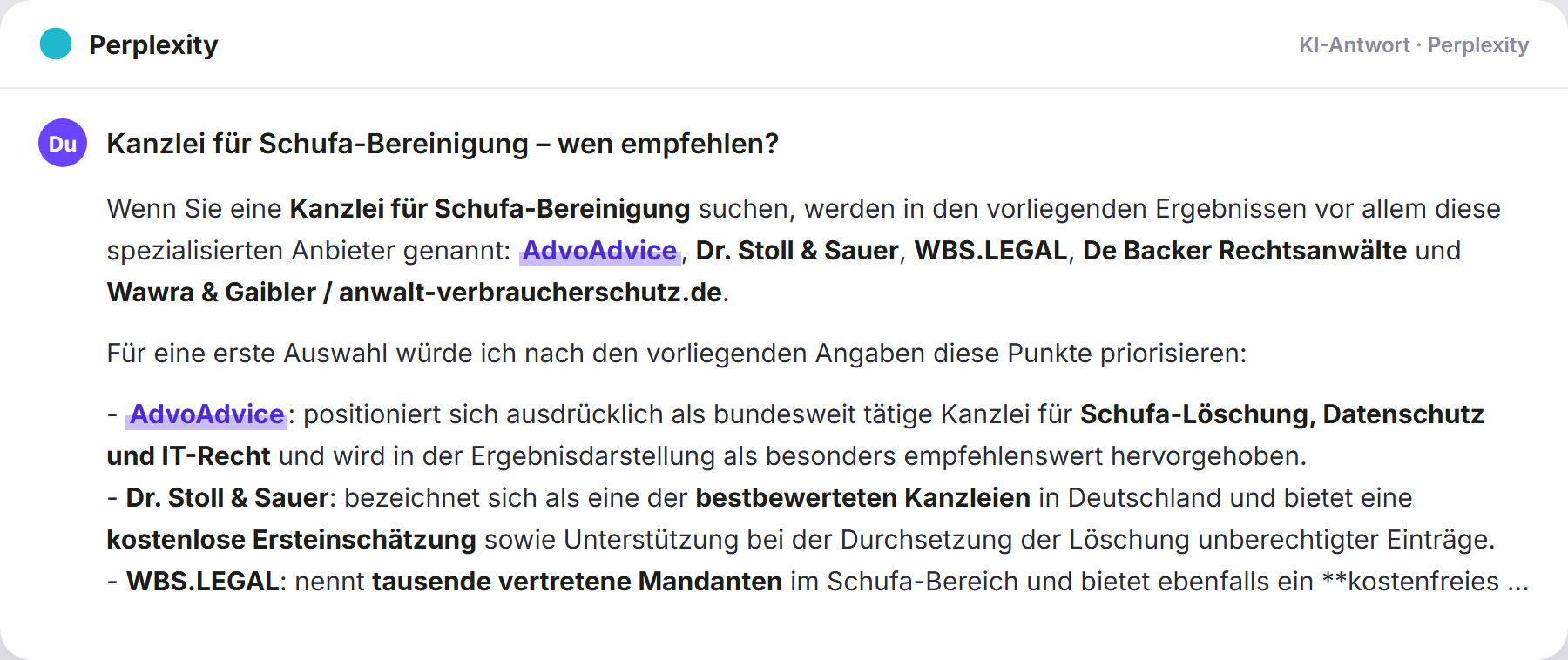 Perplexity nennt AdvoAdvice: „Kanzlei für Schufa-Bereinigung – wen empfehlen?…