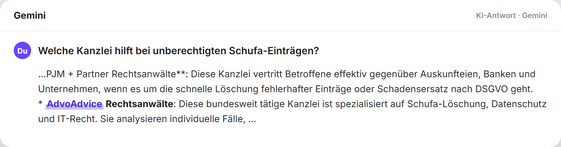 Gemini nennt AdvoAdvice: „Welche Kanzlei hilft bei unberechtigten Schufa-Einträgen?…