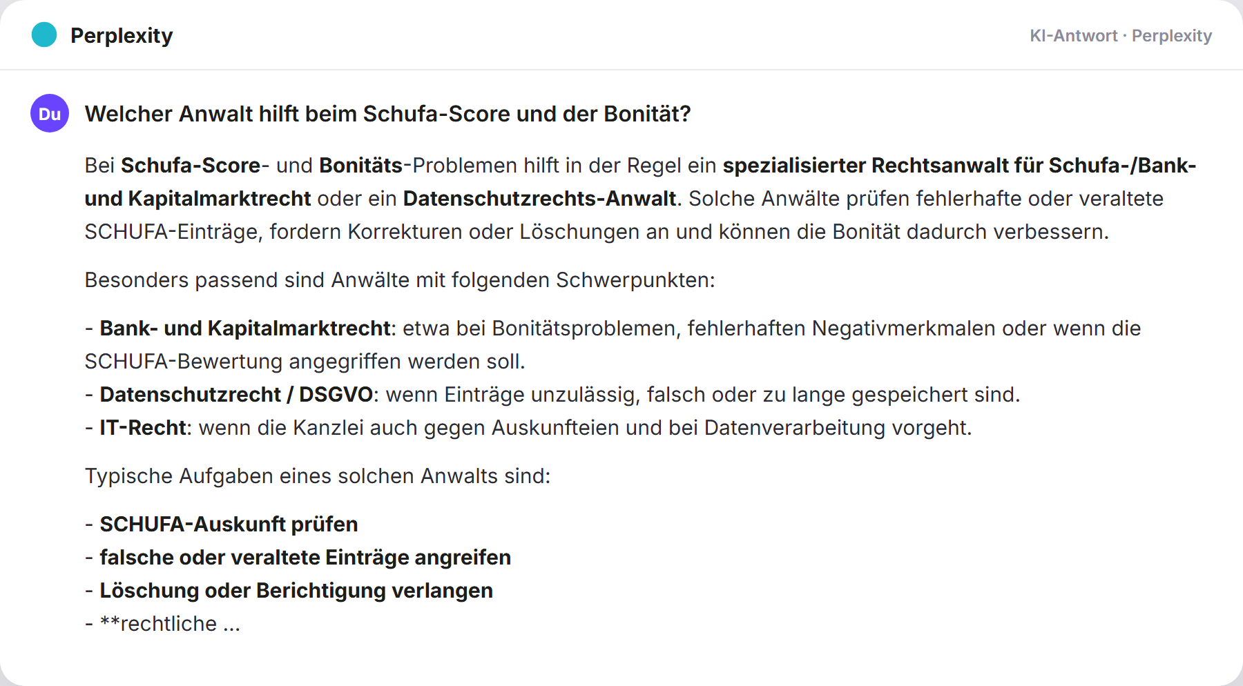Perplexity nennt AdvoAdvice: „Welcher Anwalt hilft beim Schufa-Score und der Bonität?…