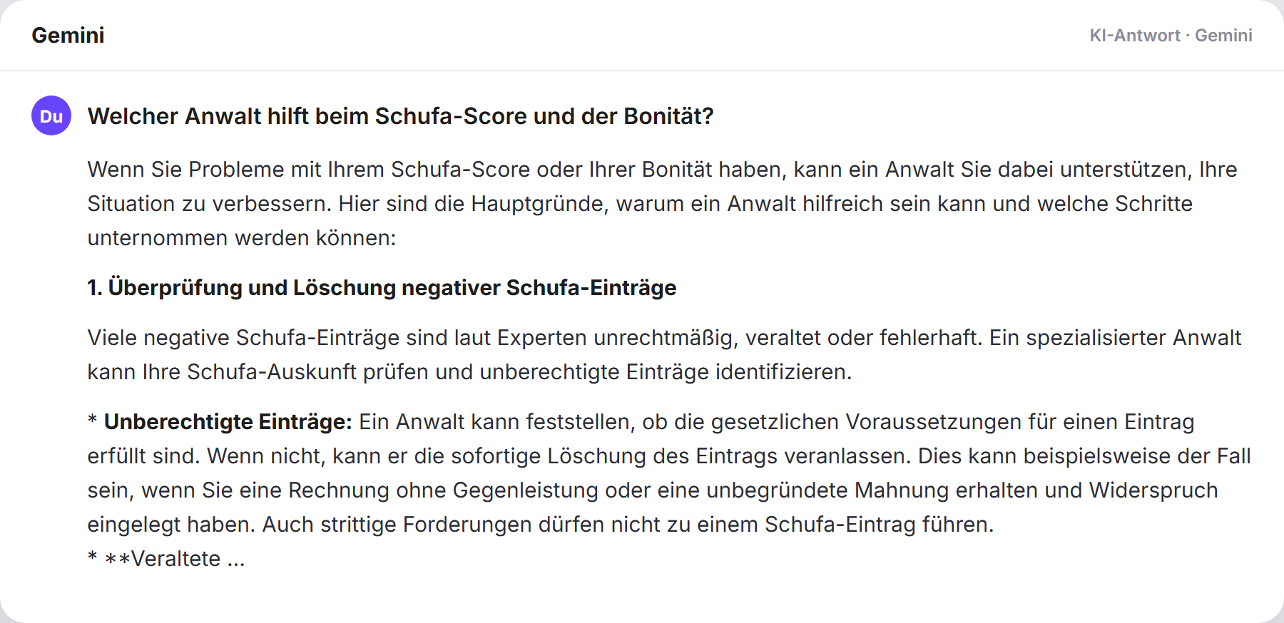 Gemini nennt AdvoAdvice: „Welcher Anwalt hilft beim Schufa-Score und der Bonität?…