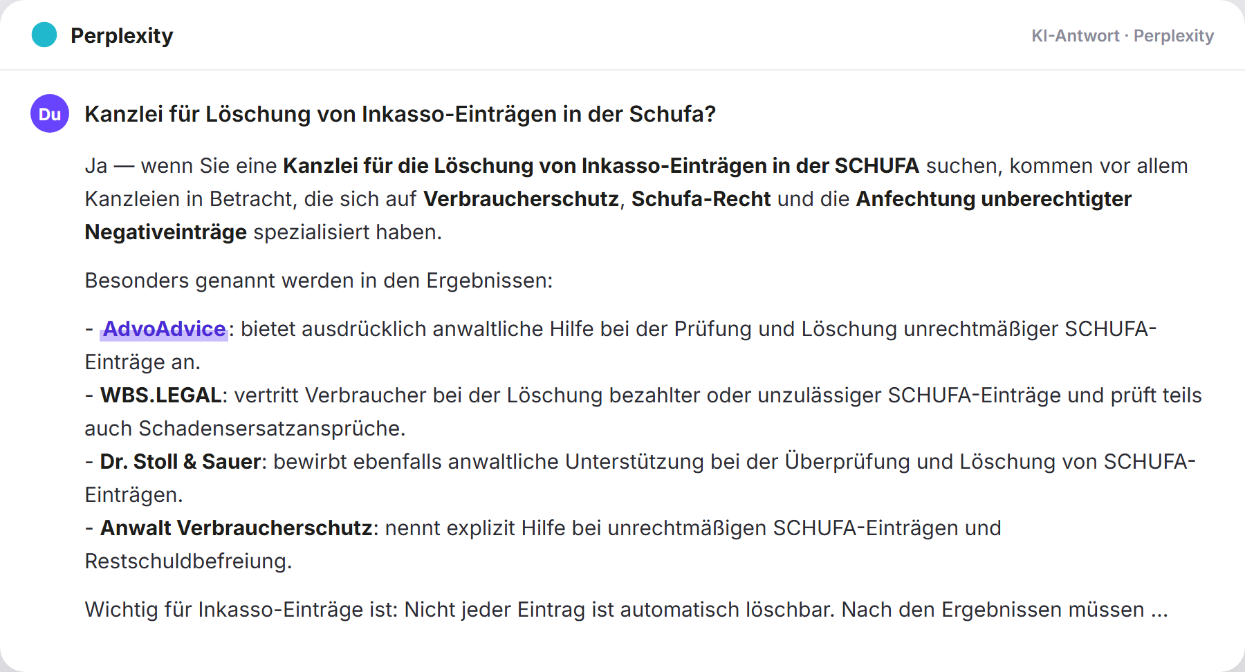 Perplexity nennt AdvoAdvice: „Kanzlei für Löschung von Inkasso-Einträgen in der Schufa?…