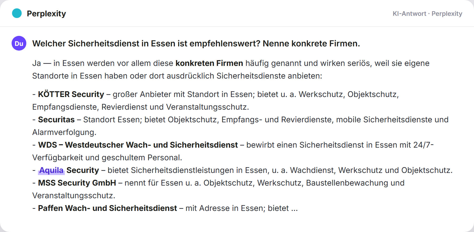 Perplexity nennt Aquila Security: „Welcher Sicherheitsdienst in Essen ist empfehlenswert? Nen…