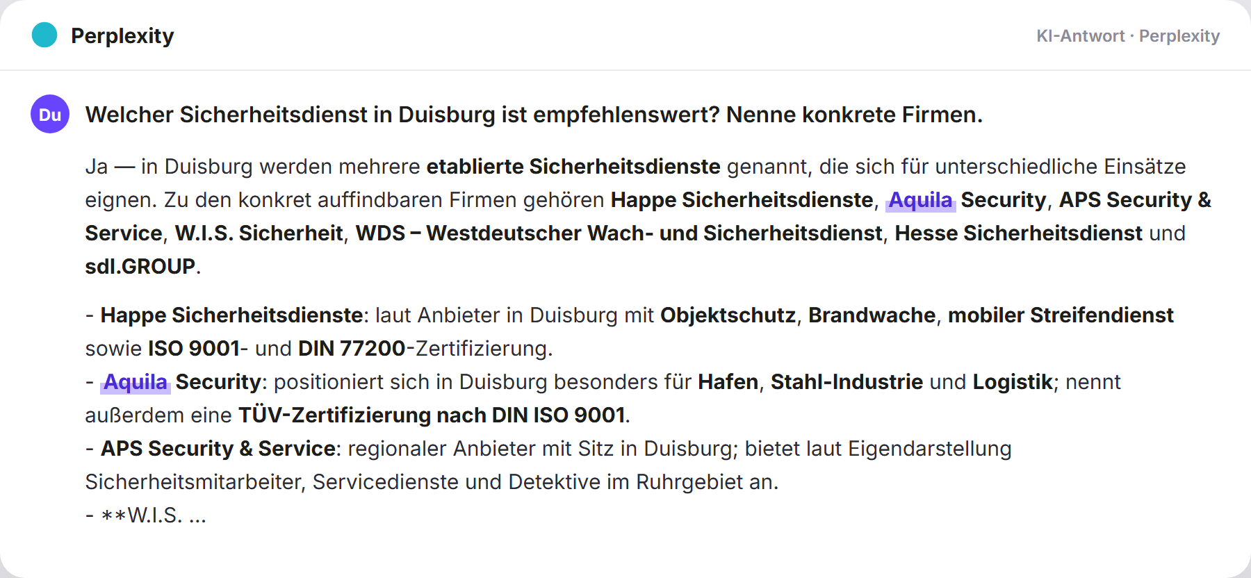 Perplexity nennt Aquila Security: „Welcher Sicherheitsdienst in Duisburg ist empfehlenswert? …