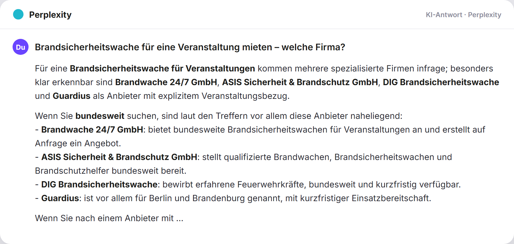 Perplexity nennt Aquila Security: „Brandsicherheitswache für eine Veranstaltung mieten – welc…