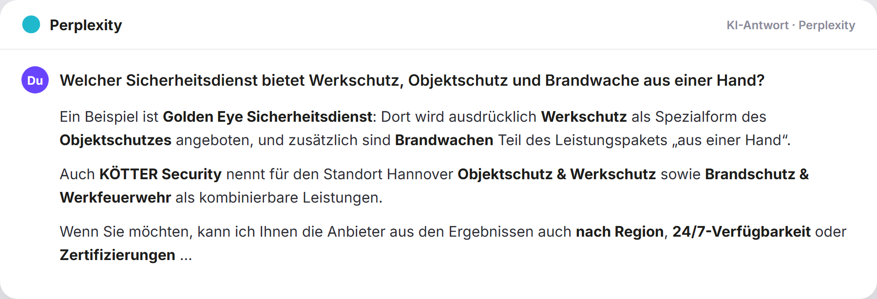 Perplexity nennt Aquila Security: „Welcher Sicherheitsdienst bietet Werkschutz, Objektschutz …
