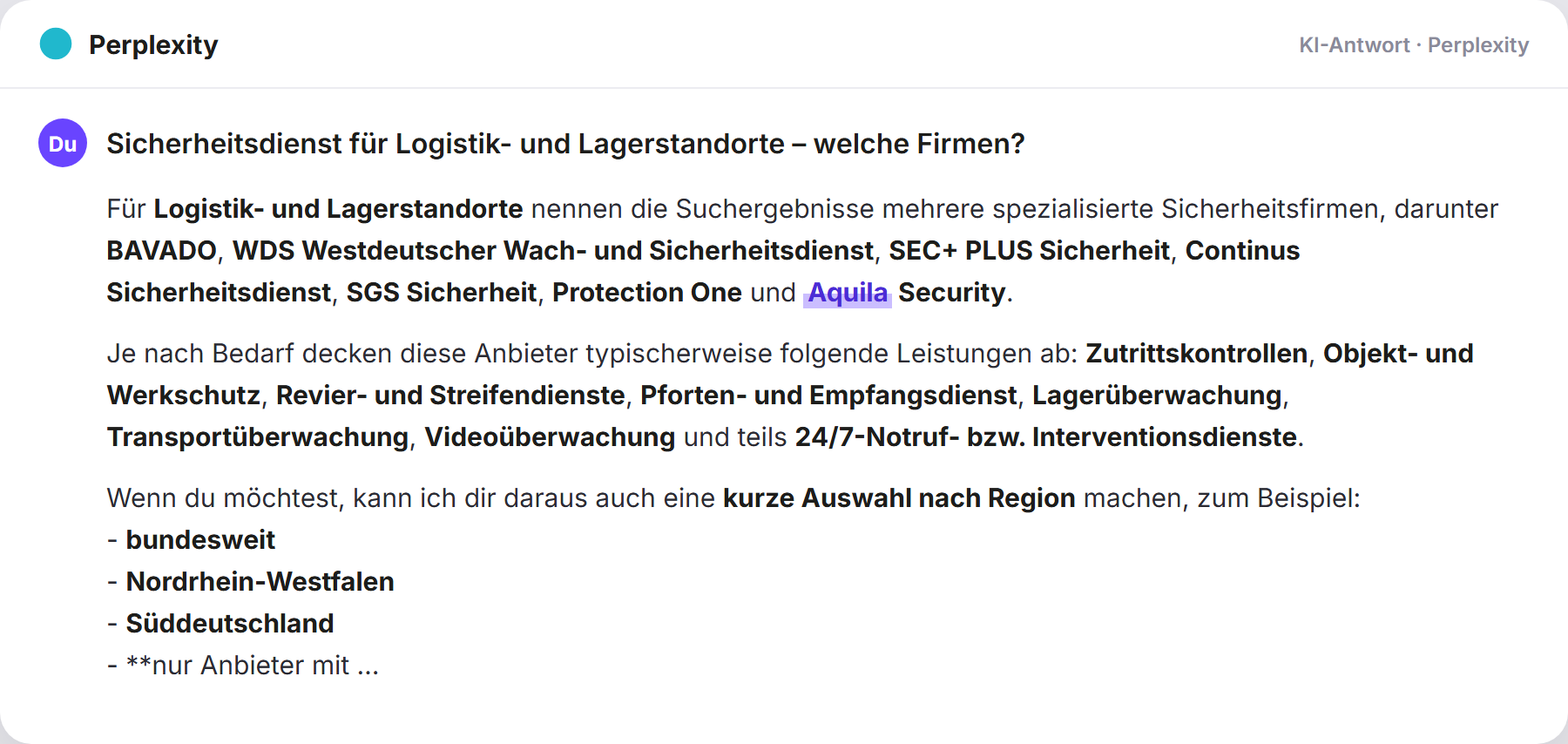 Perplexity nennt Aquila Security: „Sicherheitsdienst für Logistik- und Lagerstandorte – welch…