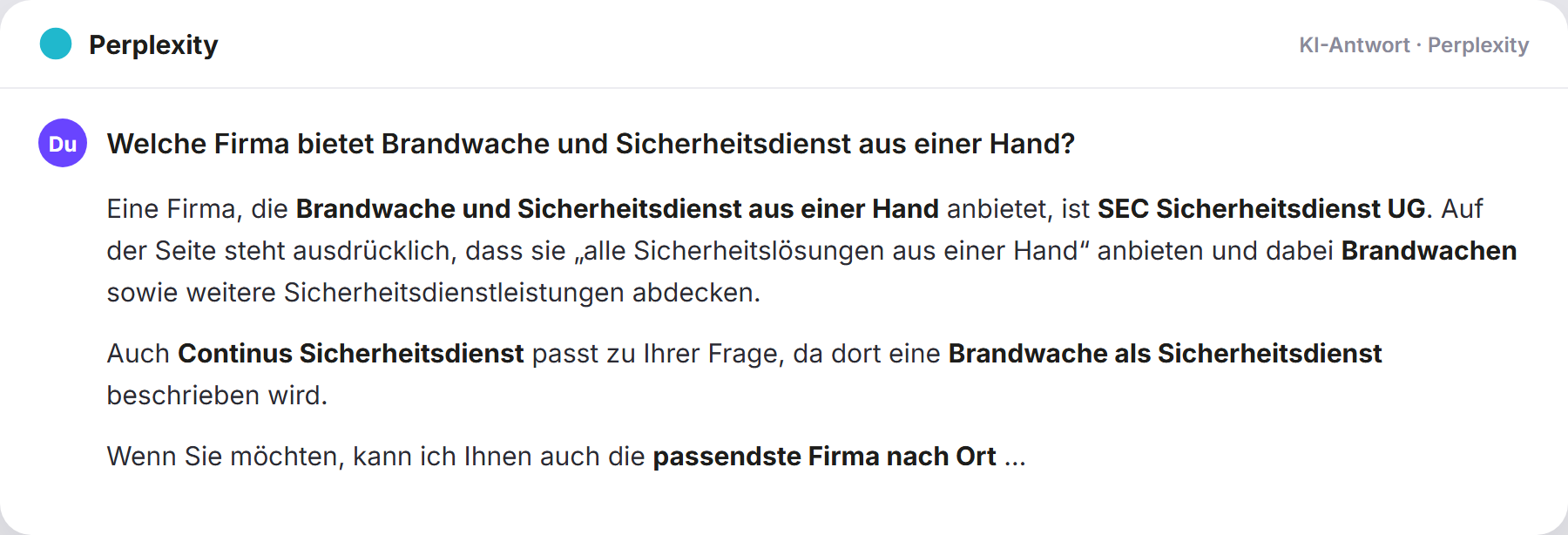 Perplexity nennt Aquila Security: „Welche Firma bietet Brandwache und Sicherheitsdienst aus e…