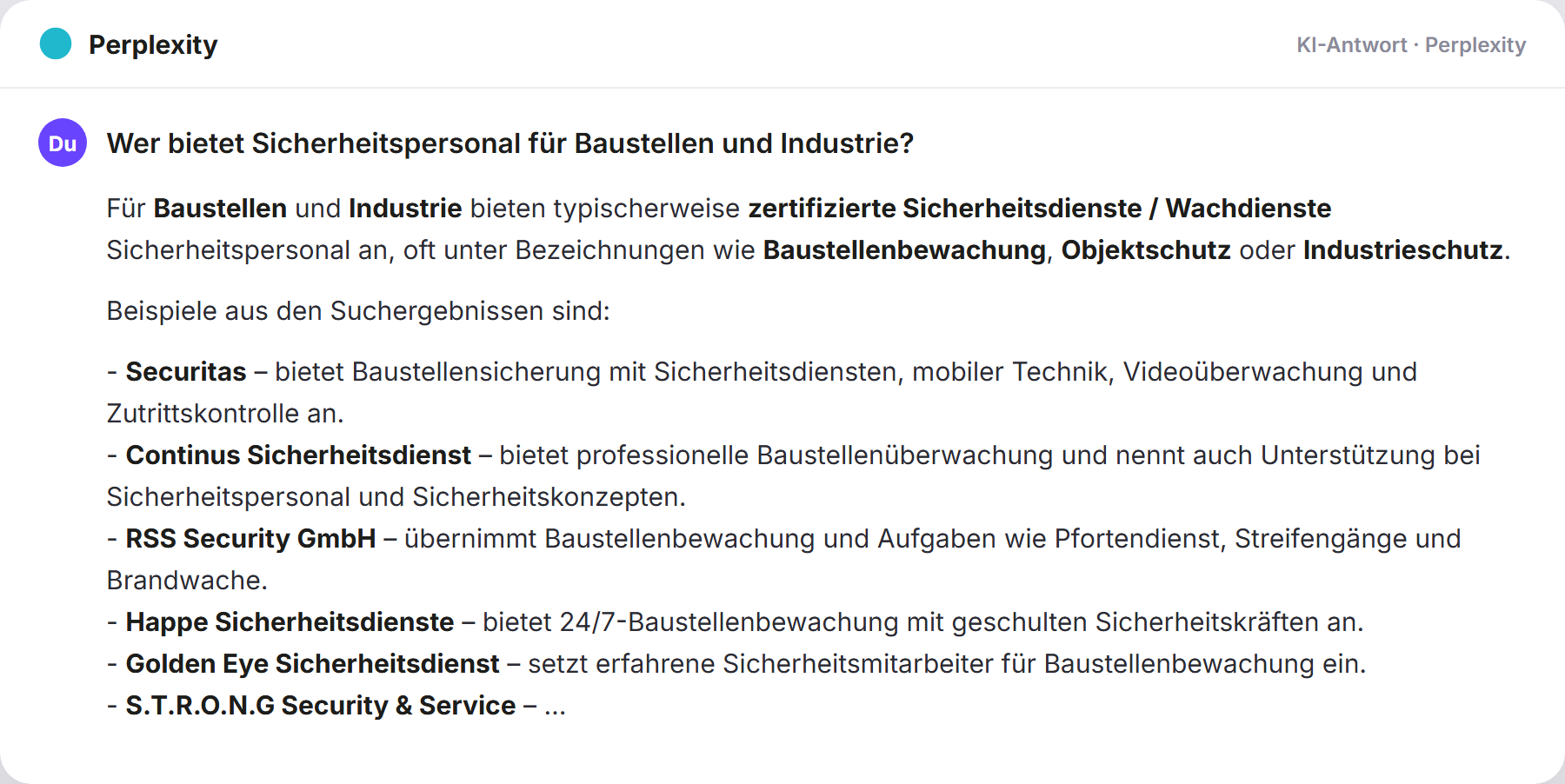 Perplexity nennt Aquila Security: „Wer bietet Sicherheitspersonal für Baustellen und Industri…