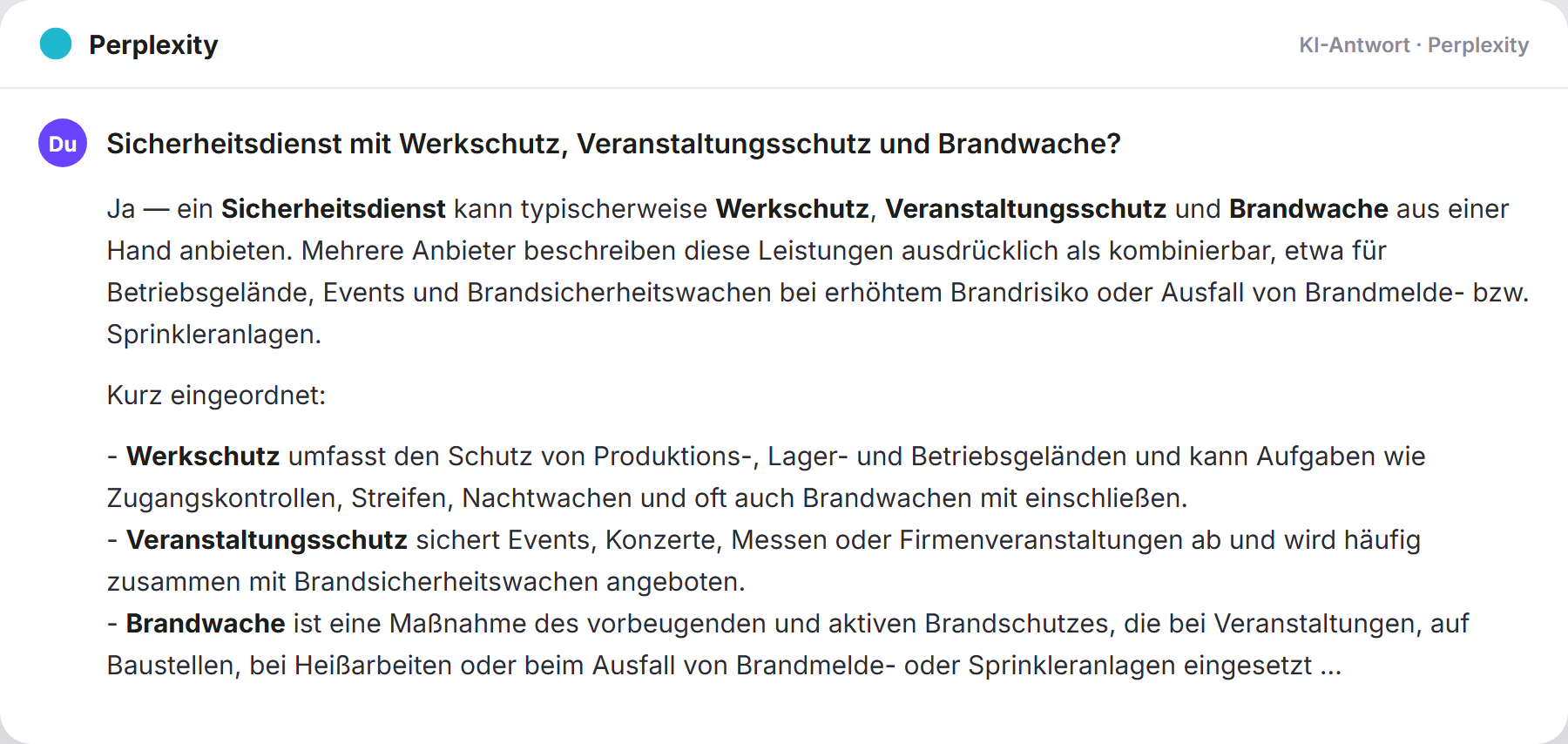 Perplexity nennt Aquila Security: „Sicherheitsdienst mit Werkschutz, Veranstaltungsschutz und…
