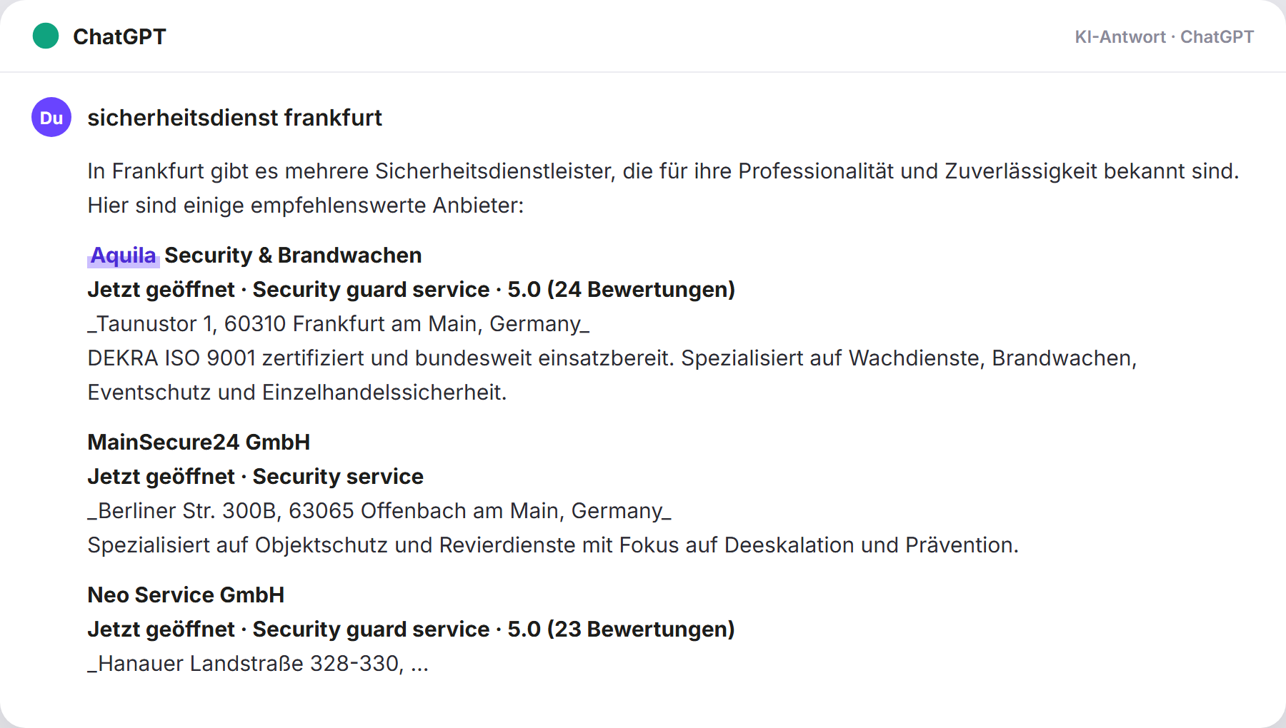 ChatGPT nennt Aquila Security: „sicherheitsdienst frankfurt…