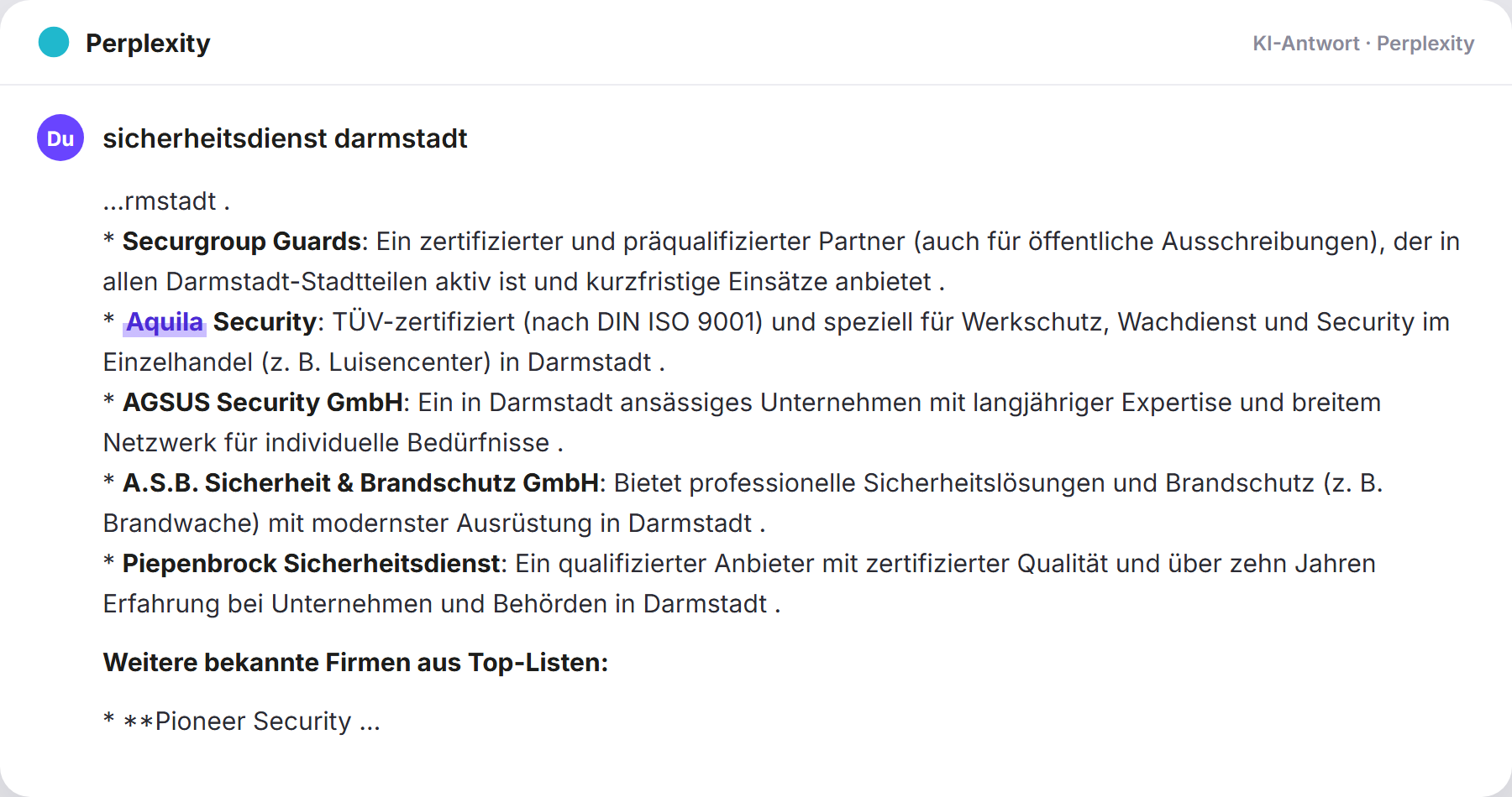 Perplexity nennt Aquila Security: „sicherheitsdienst darmstadt…