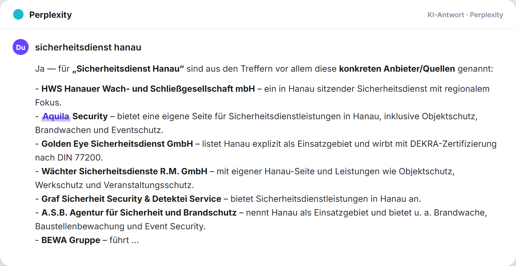 Perplexity nennt Aquila Security: „sicherheitsdienst hanau…