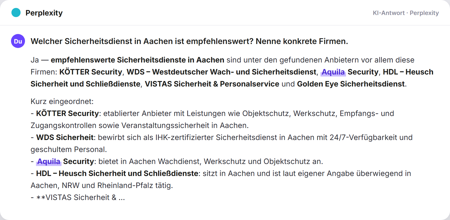 Perplexity nennt Aquila Security: „Welcher Sicherheitsdienst in Aachen ist empfehlenswert? Ne…