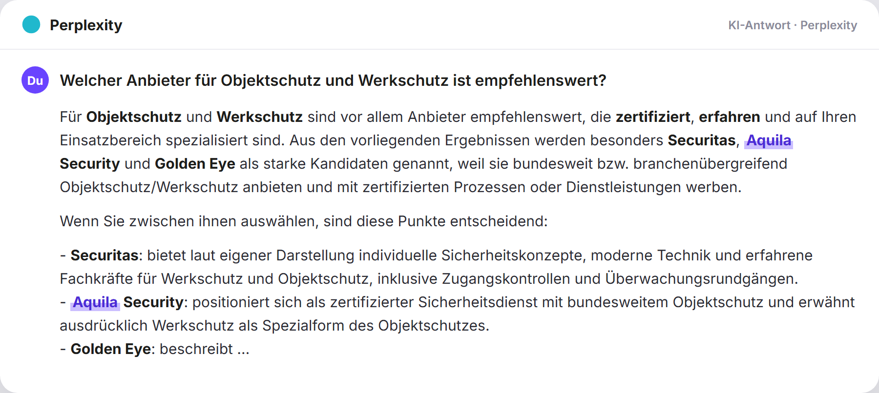 Perplexity nennt Aquila Security: „Welcher Anbieter für Objektschutz und Werkschutz ist empfe…