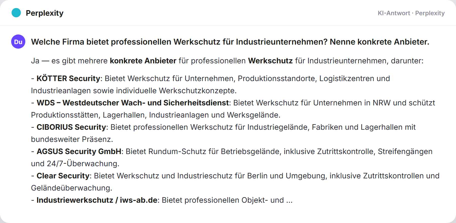 Perplexity nennt Aquila Security: „Welche Firma bietet professionellen Werkschutz für Industr…