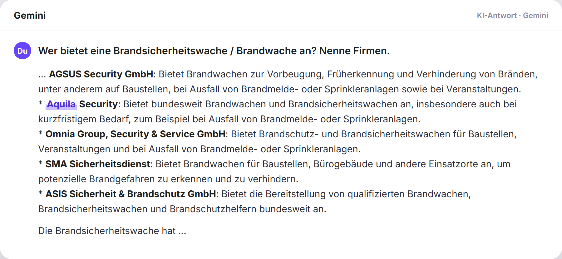 Gemini nennt Aquila Security: „Wer bietet eine Brandsicherheitswache / Brandwache an? Nen…