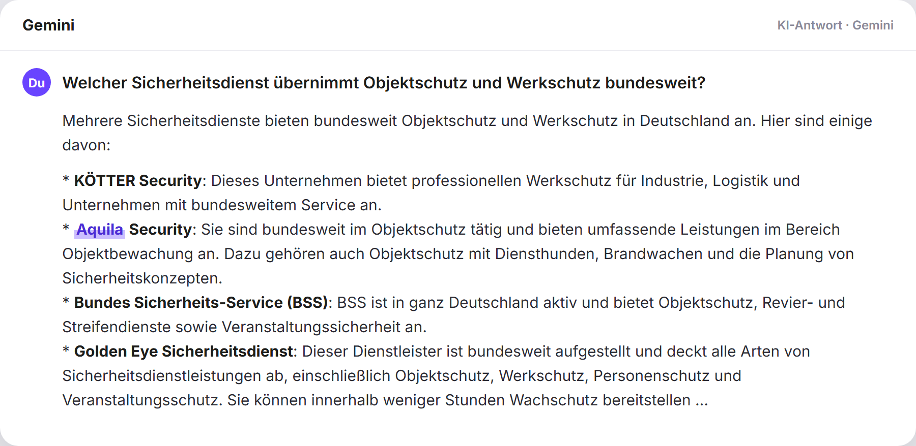 Gemini nennt Aquila Security: „Welcher Sicherheitsdienst übernimmt Objektschutz und Werks…