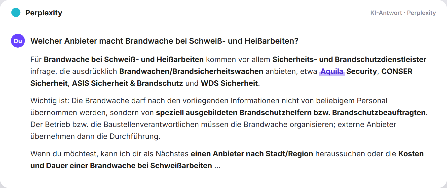 Perplexity nennt Aquila Security: „Welcher Anbieter macht Brandwache bei Schweiß- und Heißarb…