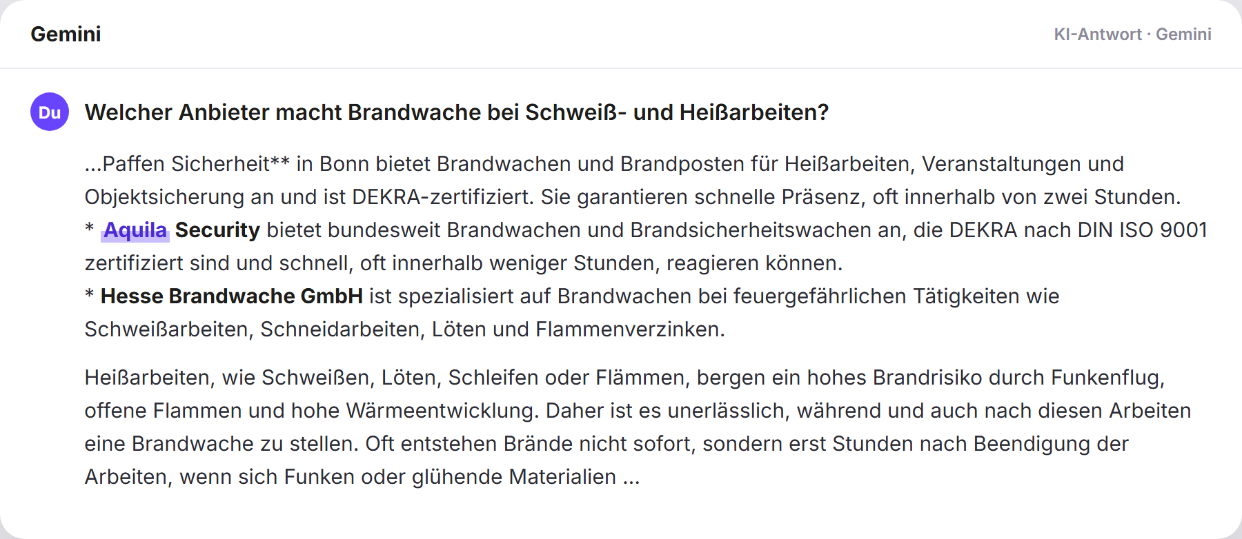 Gemini nennt Aquila Security: „Welcher Anbieter macht Brandwache bei Schweiß- und Heißarb…