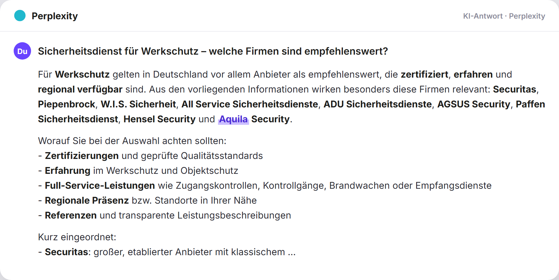 Perplexity nennt Aquila Security: „Sicherheitsdienst für Werkschutz – welche Firmen sind empf…