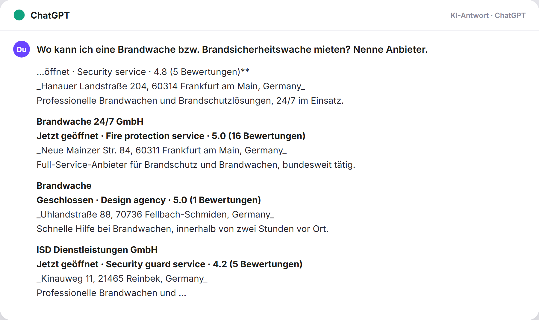ChatGPT nennt Brandwache247: „Wo kann ich eine Brandwache bzw. Brandsicherheitswache mie…