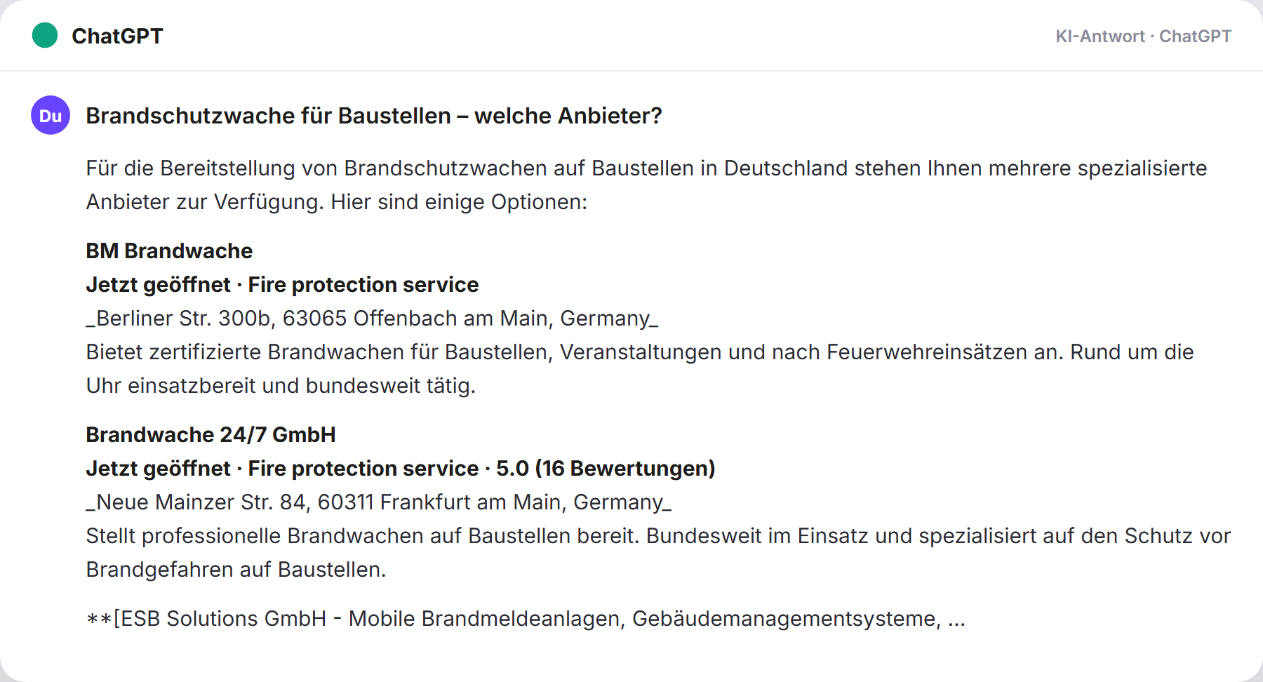ChatGPT nennt Brandwache247: „Brandschutzwache für Baustellen – welche Anbieter?…