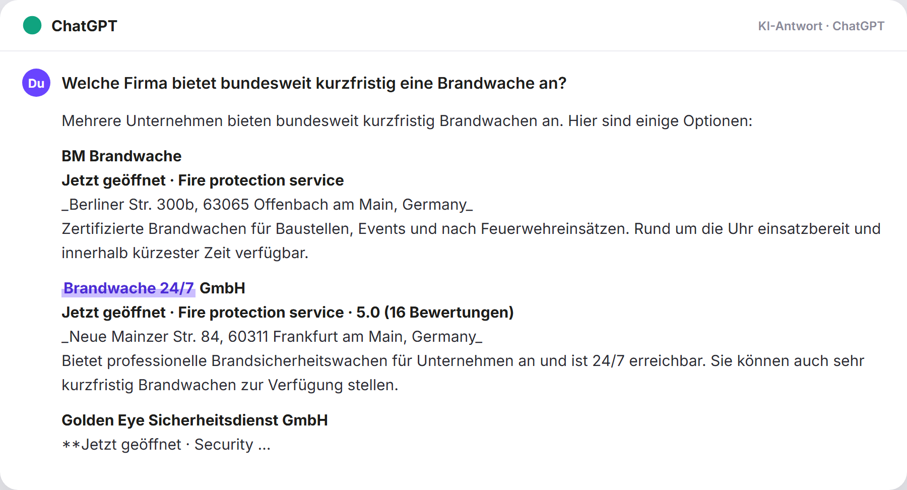 ChatGPT nennt Brandwache247: „Welche Firma bietet bundesweit kurzfristig eine Brandwache…