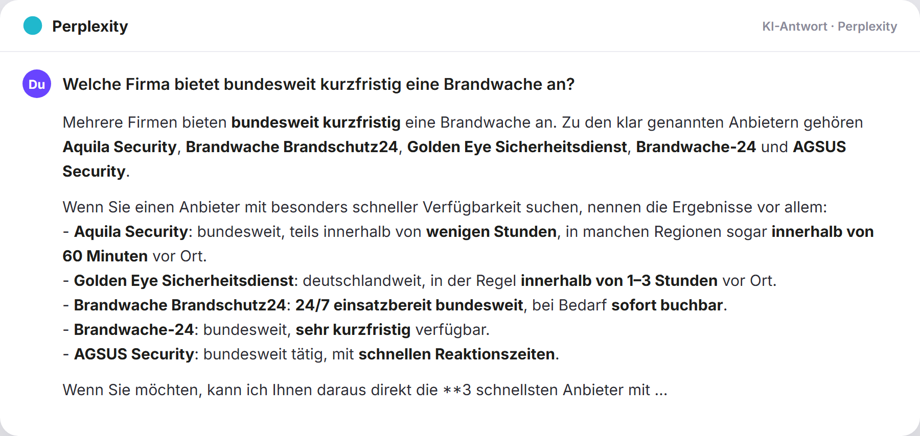 Perplexity nennt Brandwache247: „Welche Firma bietet bundesweit kurzfristig eine Brandwache…