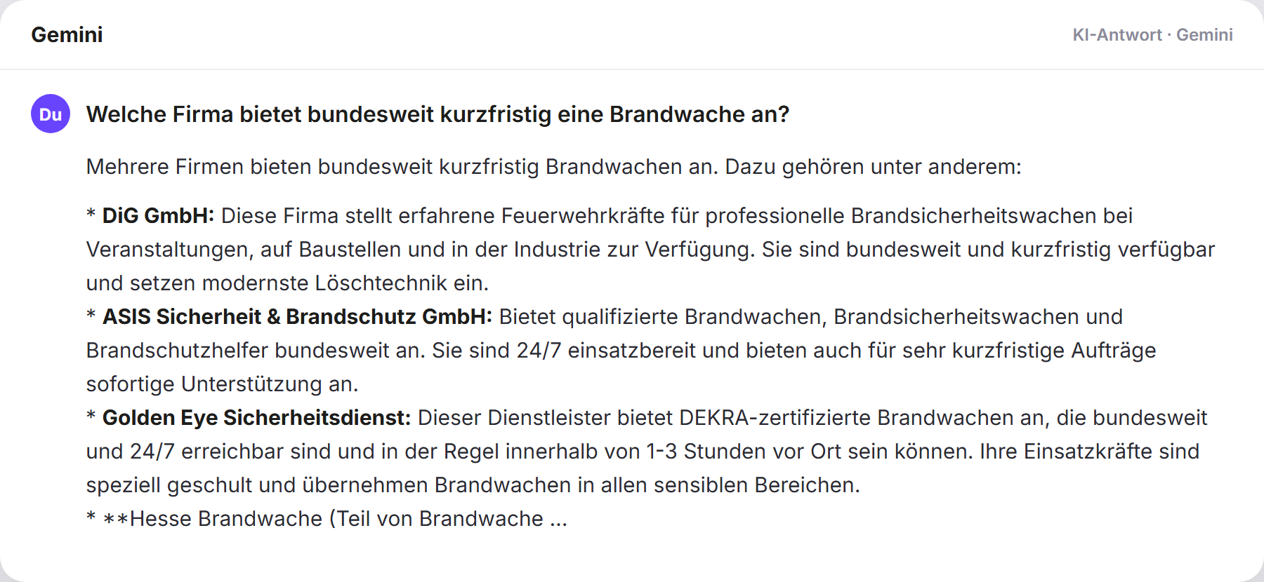 Gemini nennt Brandwache247: „Welche Firma bietet bundesweit kurzfristig eine Brandwache…