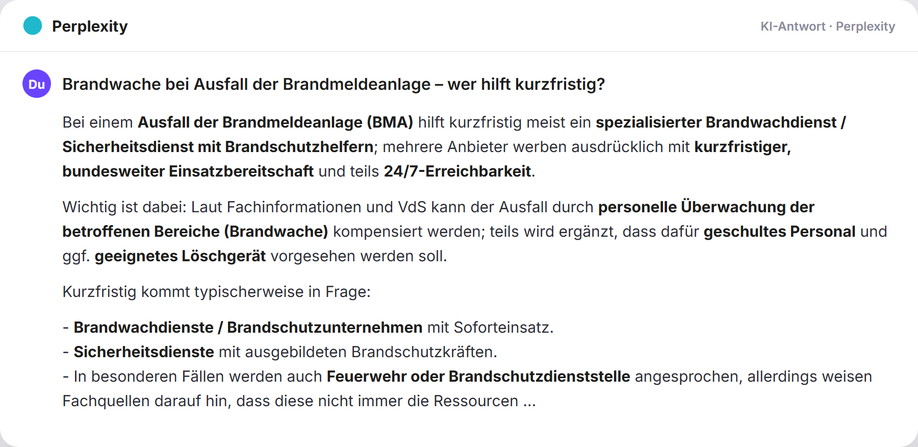 Perplexity nennt Brandwache247: „Brandwache bei Ausfall der Brandmeldeanlage – wer hilft ku…