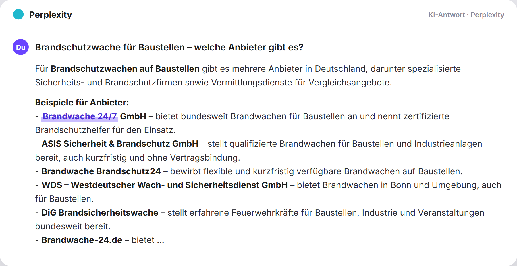 Perplexity nennt Brandwache247: „Brandschutzwache für Baustellen – welche Anbieter gibt es?…