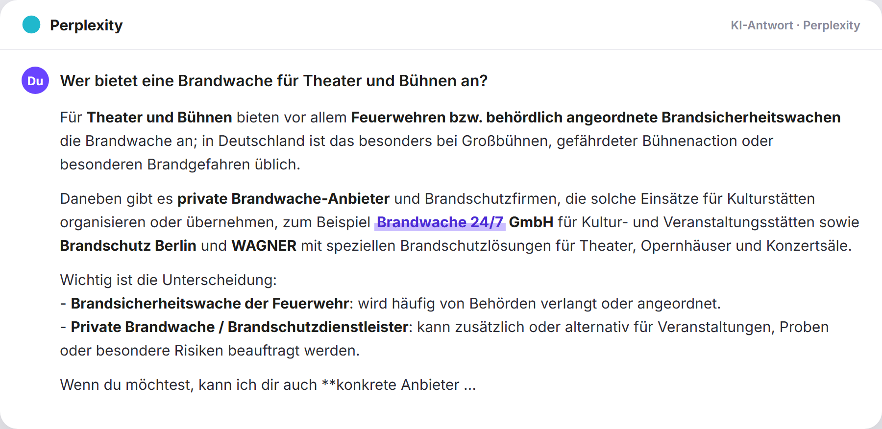 Perplexity nennt Brandwache247: „Wer bietet eine Brandwache für Theater und Bühnen an?…