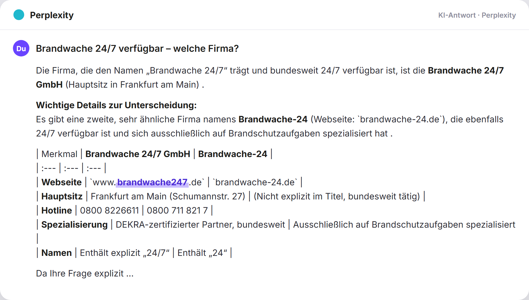 Perplexity nennt Brandwache247: „Brandwache 24/7 verfügbar – welche Firma?…
