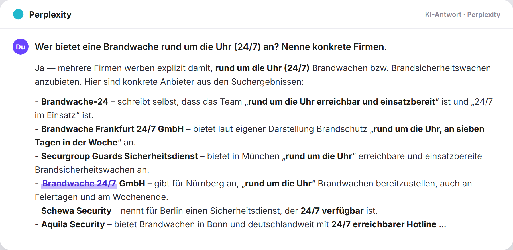 Perplexity nennt Brandwache247: „Wer bietet eine Brandwache rund um die Uhr (24/7) an? Nenn…