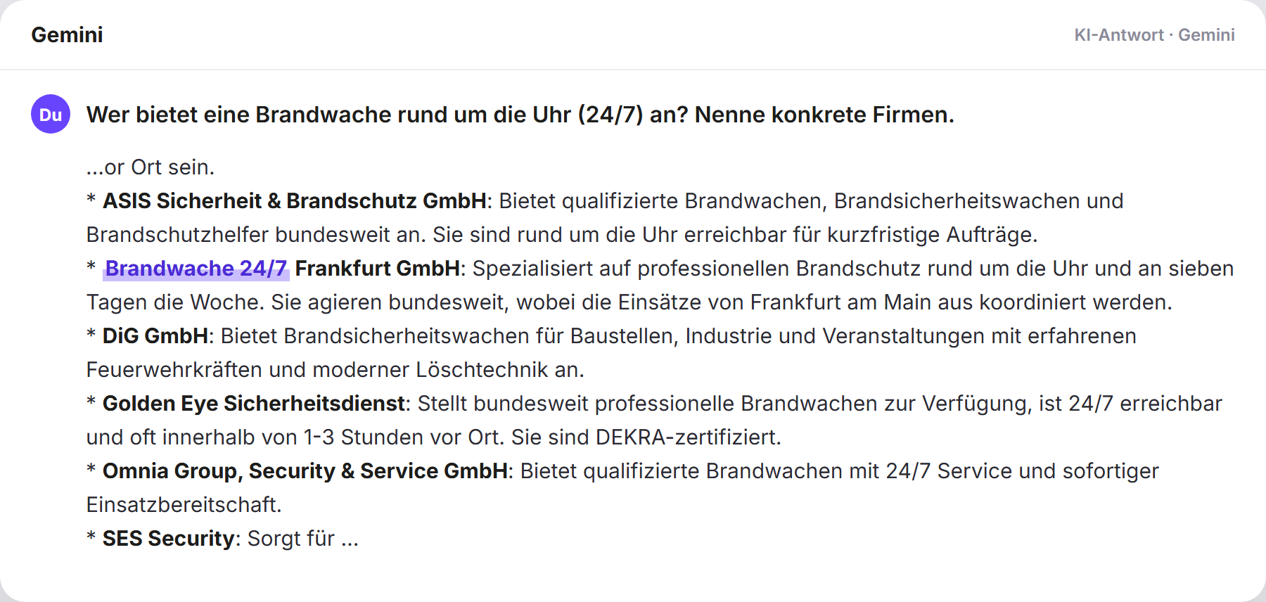 Gemini nennt Brandwache247: „Wer bietet eine Brandwache rund um die Uhr (24/7) an? Nenn…