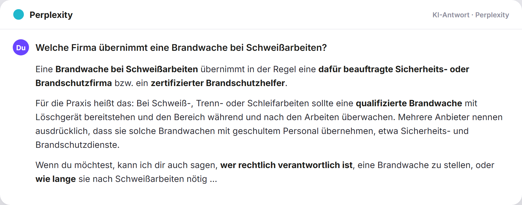 Perplexity nennt Brandwache247: „Welche Firma übernimmt eine Brandwache bei Schweißarbeiten…